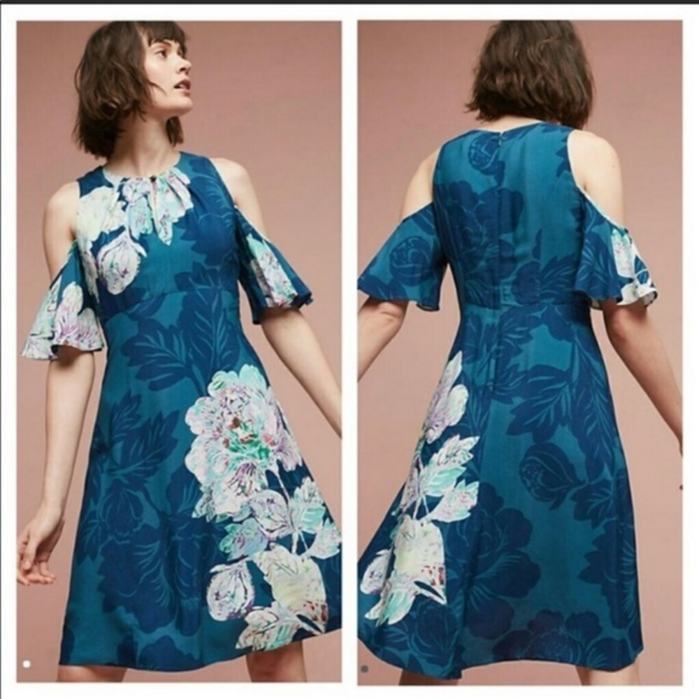 Anthropologie Maeve Teal Cold Shoulder Dress 8